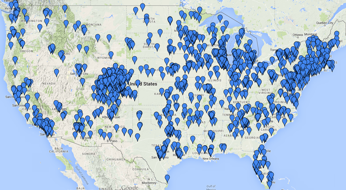 A map view of USA cities where applicants to CMC come from