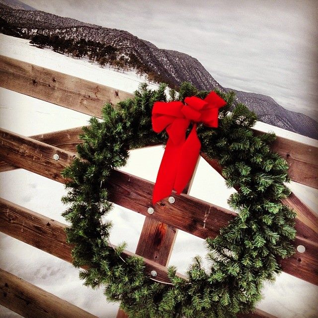 Photo of Christmas wreath on fence post in Colorado