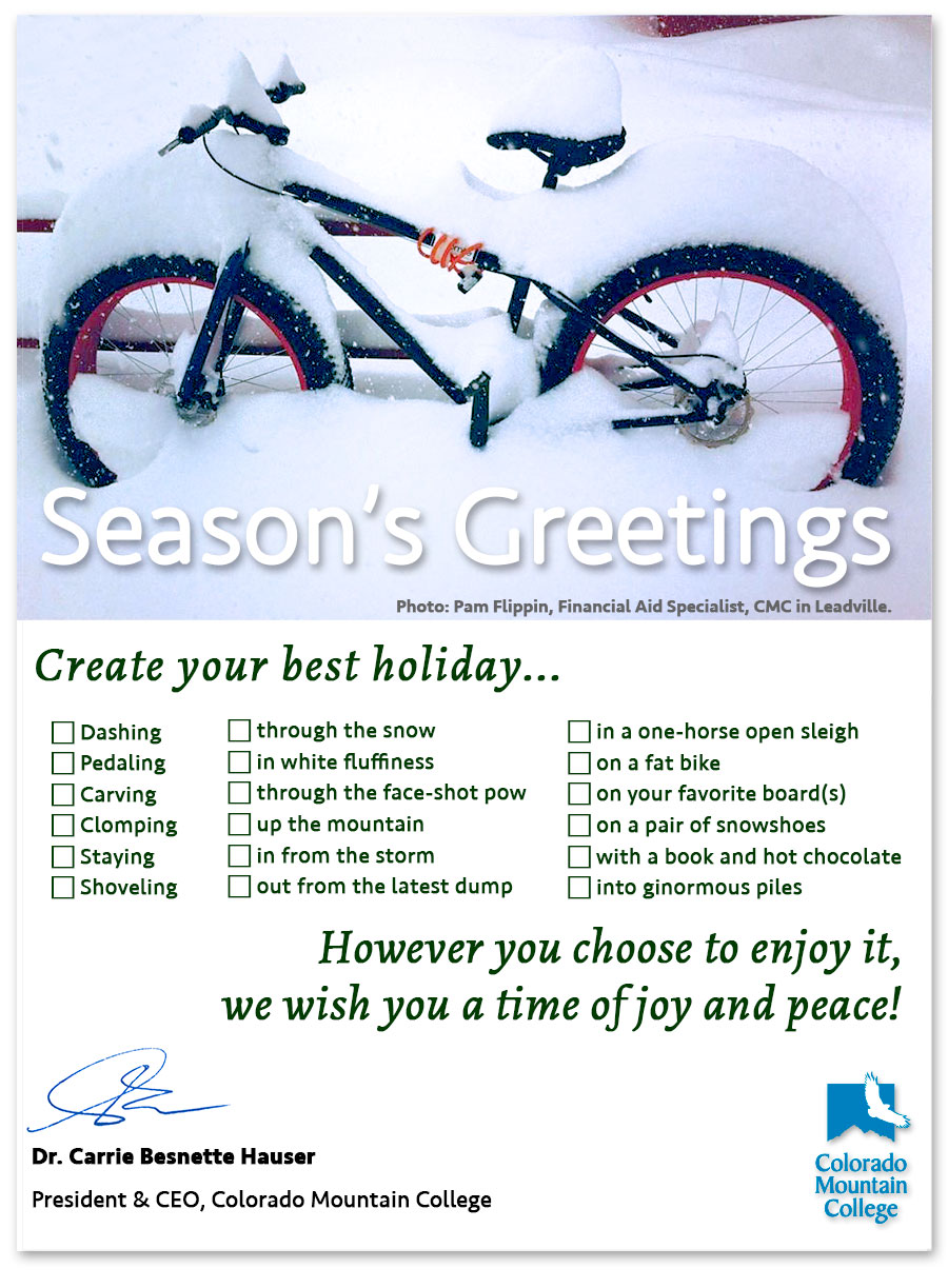 Graphic — CMC holiday card with a photograph of mountain bike covered in snow.