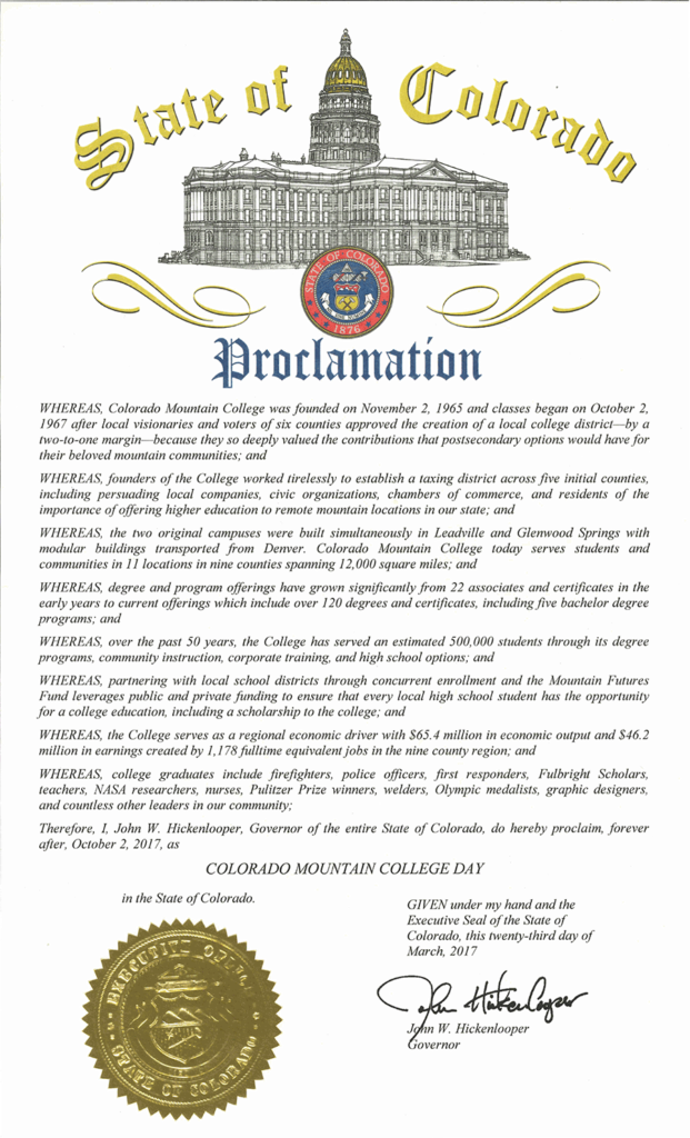 Graphic - image of the official Colorado Mountain College Day Proclamation;see links to PDF and Text versions below.